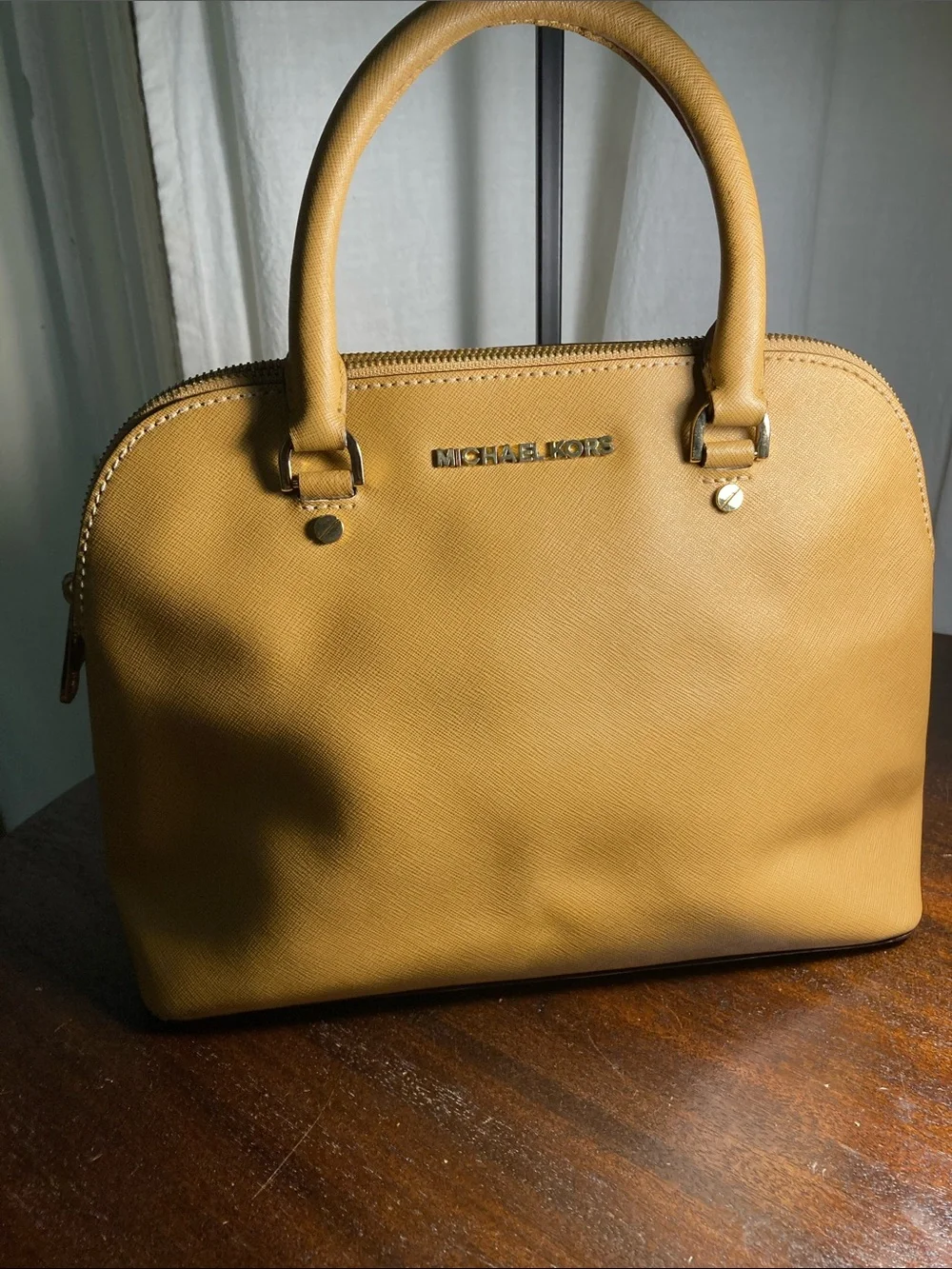 Michael Kors Saffiano Cindy Leather Dome Satchel in Mustard